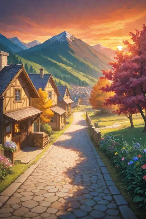 a small village by the river, mountains in the background, floral flowers colorful, detailed landscape, Beautiful natural landsc...