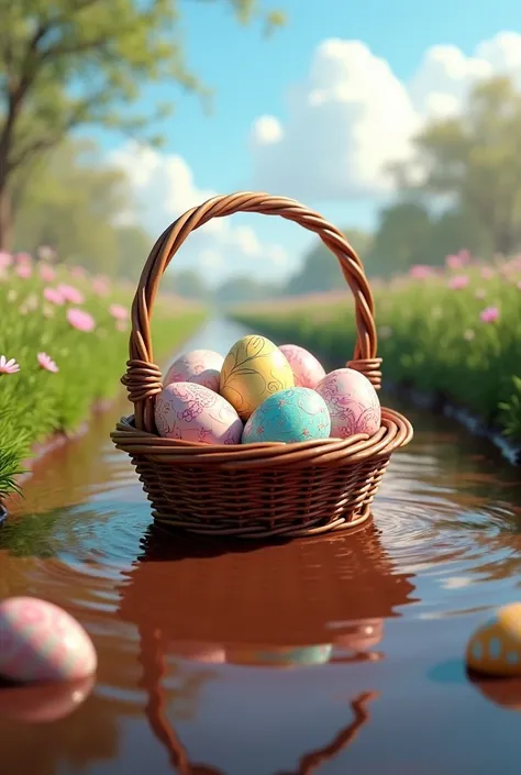 a basket of beautiful easter eggs floating on a river of chocolate, 4k, high resolution, photorealistic, intricate details, colo...