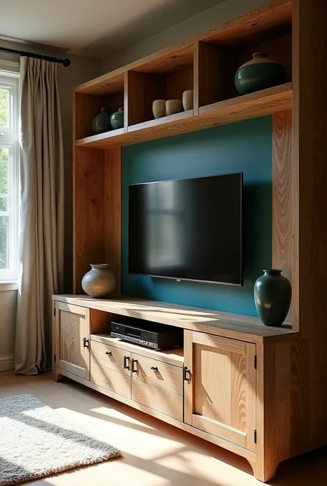 Prompt:
a driftwood TV unit in deep mahogany and teal tones, with open shelves and cabinets. Decorative ceramic vases, soft sunl...