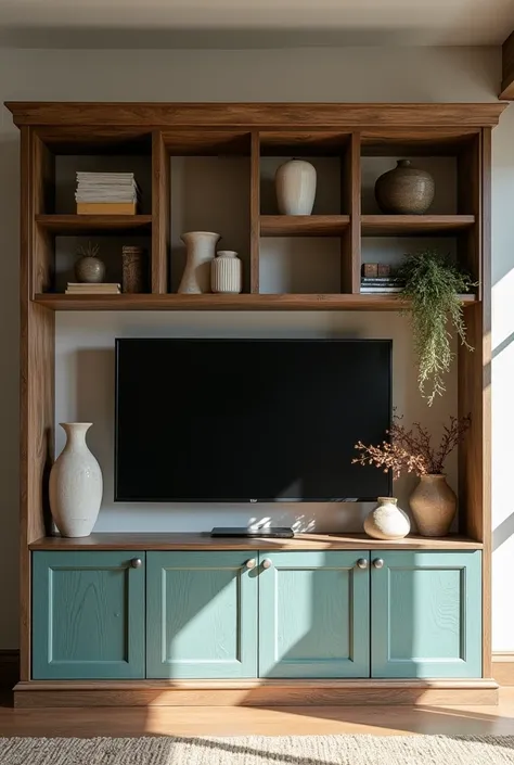 Prompt:
a driftwood TV unit in deep mahogany and teal tones, with open shelves and cabinets. Decorative ceramic vases, soft sunl...