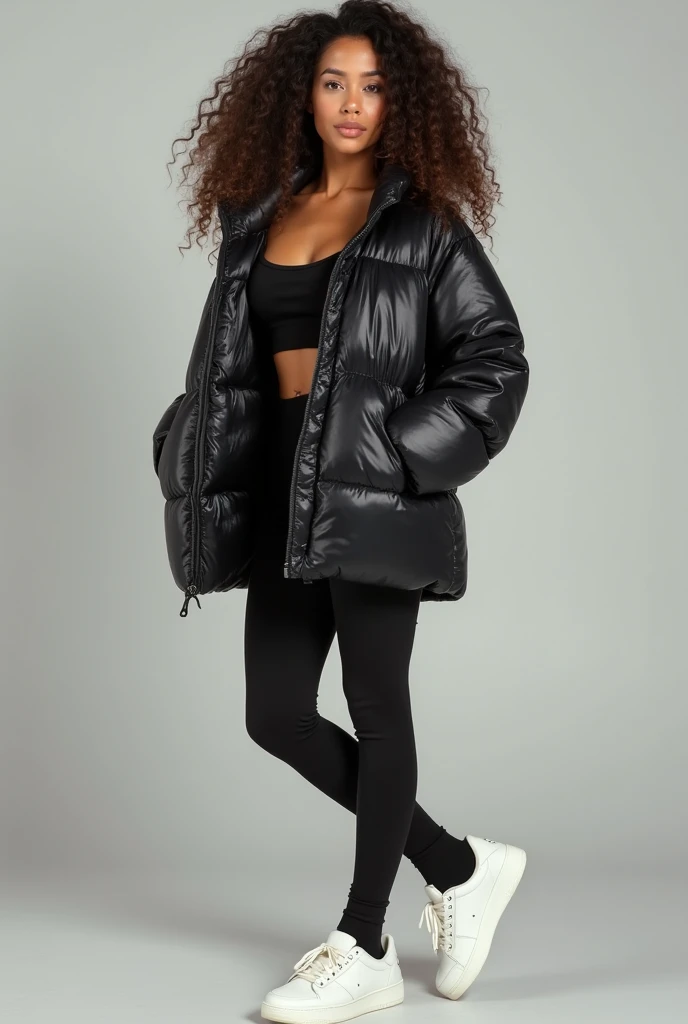 Woman with curly hair down. Wavy shiny quilted black jacket with well-fitting black leggings with big ass socks over leggings an...