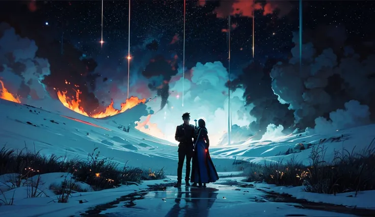 Photorealistic - Photorealistic - in total darkness, the smoke forms a thin path leading to the silhouettes of two figures, a ma...