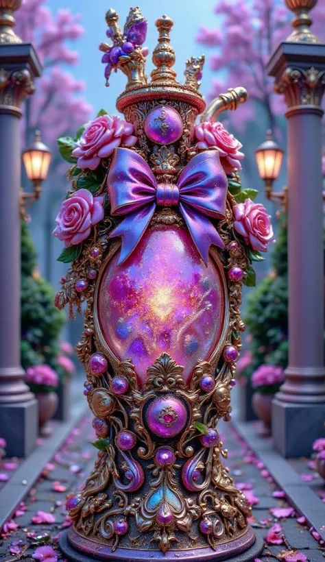 A beautifully ornate purple lantern decorated with blooming pink and lavender roses, a large purple satin bow, and lush greenery...