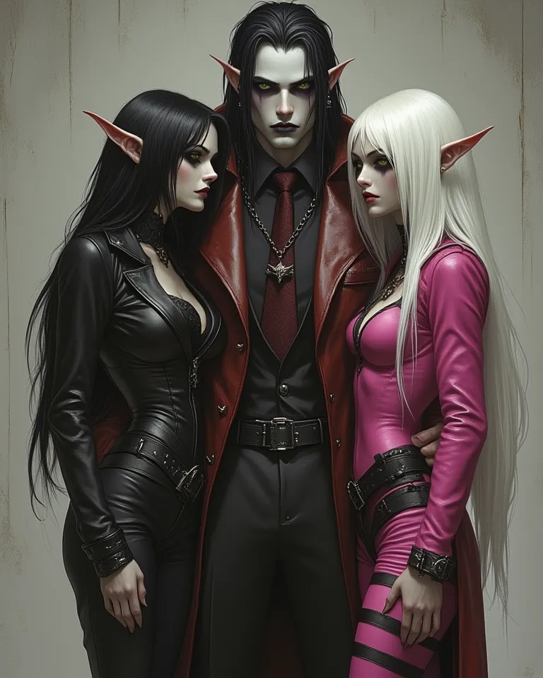 One young guy, white skinned man, with long black braided hair, in a black suit , black shirt, in a burgundy tie and a red leath...