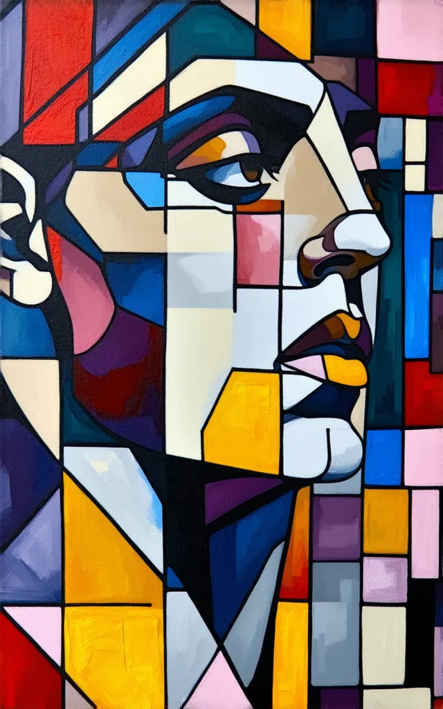 image of a {psychedelic}, In the cubist style, geometric shapes and fragmented shapes,   textured brushstrokes  