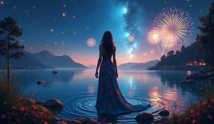 In a world of illusions, where the night flashes with magic, , the full-length silhouette of a gorgeous woman is filled with flo...