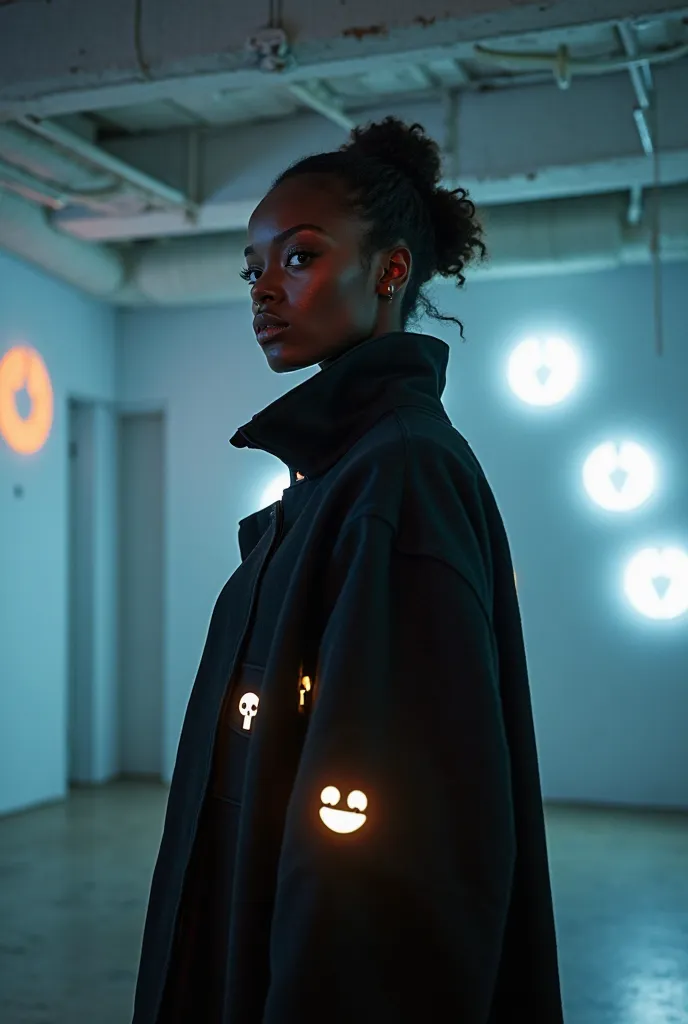 A stylish Black woman wearing a futuristic high-collared coat embroidered with glowing emojis like ❤️✨⛓️, standing in a minimali...