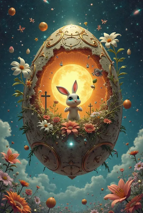broken alchemical Easter egg, revealing a cosmos with golden sun (Yema) and holographic ocean (clara). biomechanical rabbit (ste...