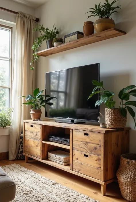 Prompt:
a bohemian TV unit made from reclaimed wood, showcasing natural grains, with open shelving for plants and ceramics. Wove...