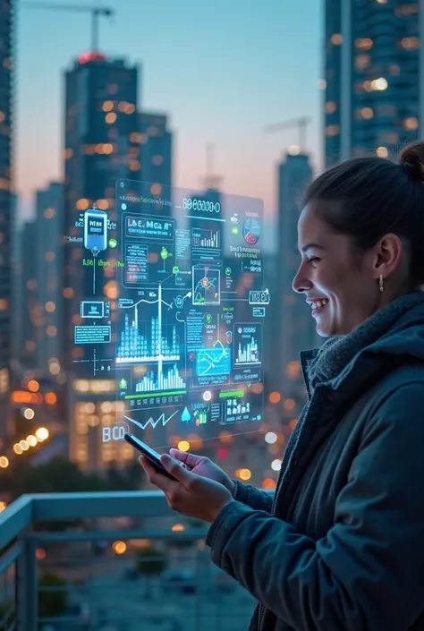 An intelligent city at dusk, with modern and sustainable buildings in the background, illuminated by soft light. In the foregrou...