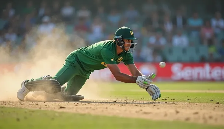"A realistic fielder wearing only a green cricket jersey dives full-stretch to take a catch on the ground, arms extended, eyes l...