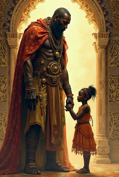 Create an image of Shangoo from the Yoruba religion holding a girl who measures 1 by the hand.50 and he's about 27 years old, do...