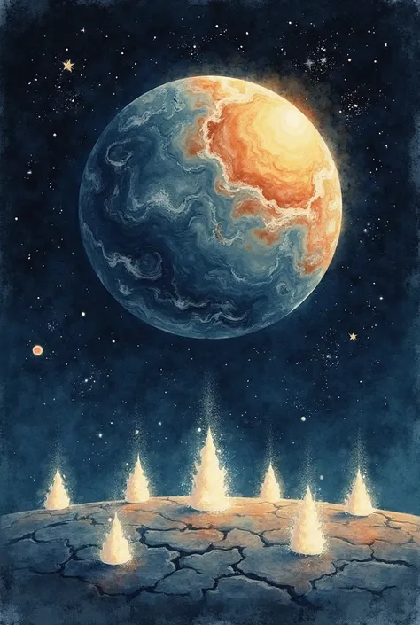 A book illustration style but colored with water color style but the planet is the only colorful. The scene is there's large pla...