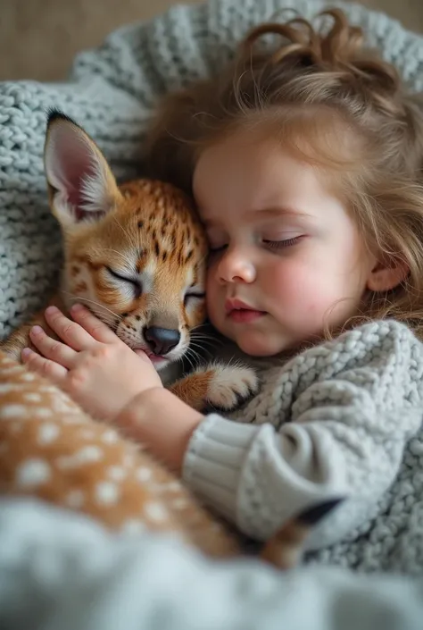 Extreme close-up of a girl sleeping next to a spotted kitten in a knitted wool bed. The zoomed-in perspective reveals the fawn's...