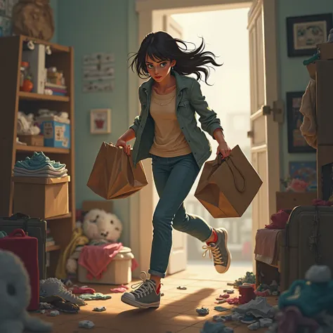 Woman hastily packing a bag, rushing toward the door