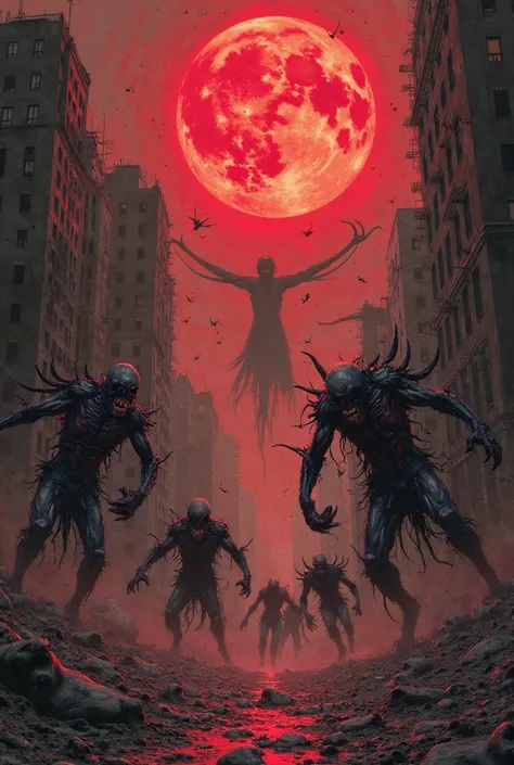 A horde of horrific, nightmarish creatures and monsters descends upon a ruined city in the light of a crimson moon.