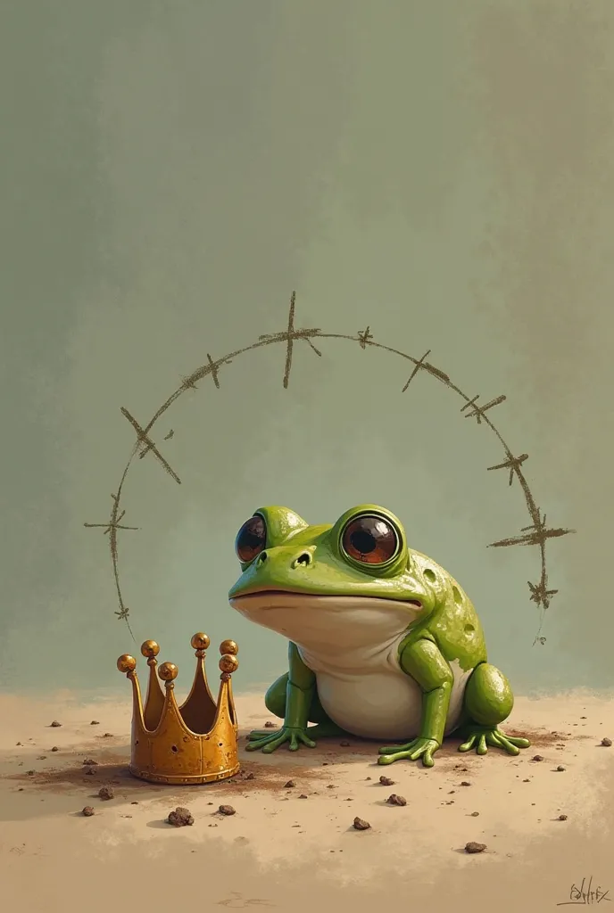 A small frog has fallen down and asterisks are circling around his head in front of him in the dirt is his little crown, dented ...