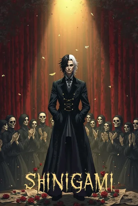 A dramatic theater stage scene in a vintage anime art style, inspired by the cover of Natori's album. The central figure is a my...