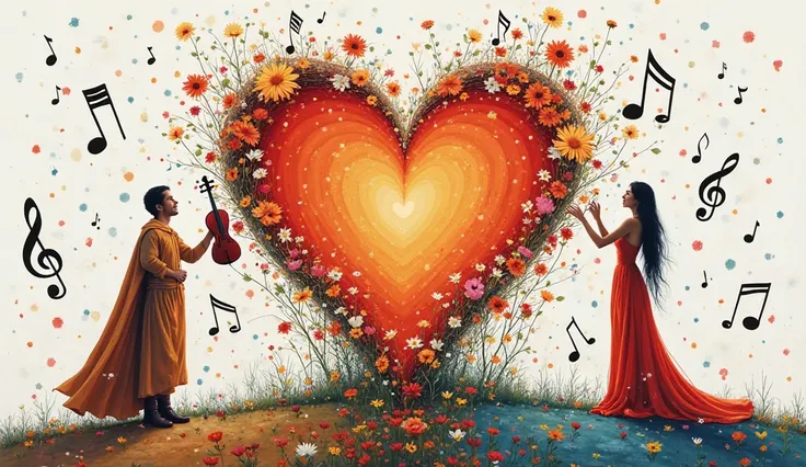 A magical canvas of a masterpiece representing the harmony of music with the heart and flowers, capturing musical notes and musi...