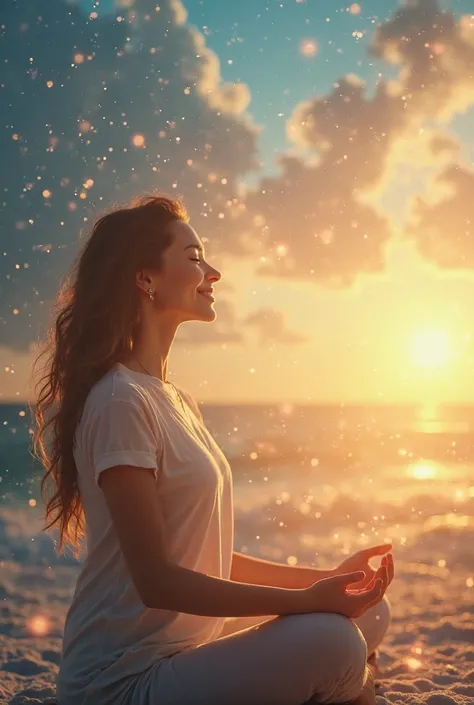 A serene woman with an expression of lightness and confidence, smiling softly while sitting in a meditation position, with rays ...