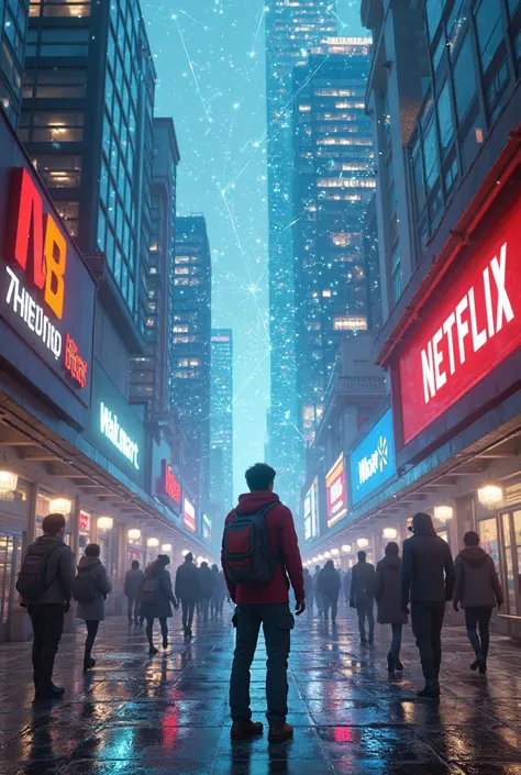 Give me a modern style image of Blockbuster vs Netflix and Walmart vs retail stores