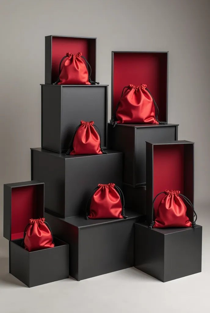 genere moi l'image de boxes noir d'emballages avec interieur rouge et un sac grand de satin pour proteger le produit( le produit...