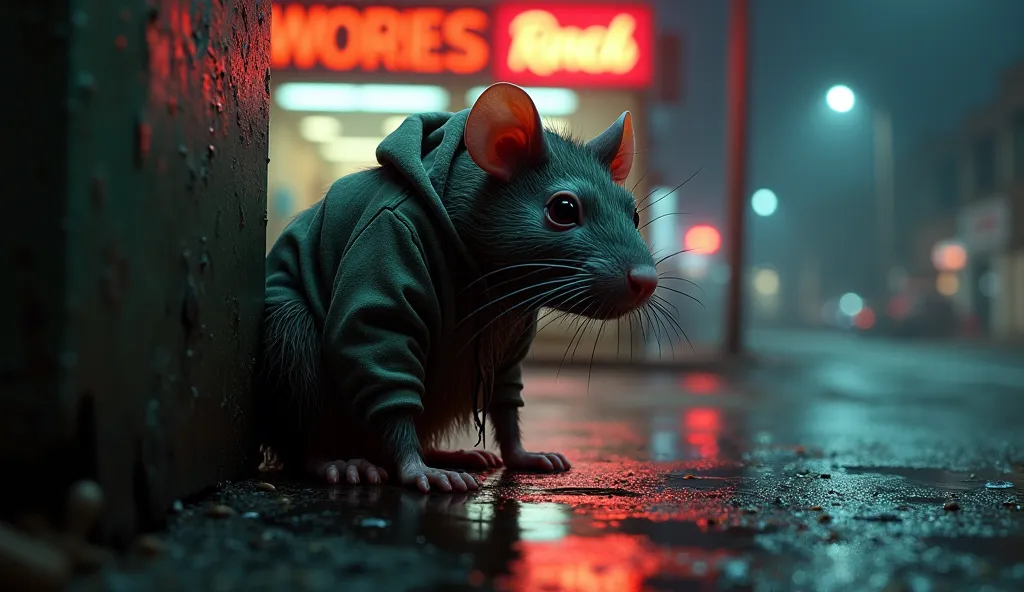 “A photorealistic rat wearing a threadbare hoodie, crouched behind a dumpster outside a fast‑food stand called ‘Worries’, moody ...