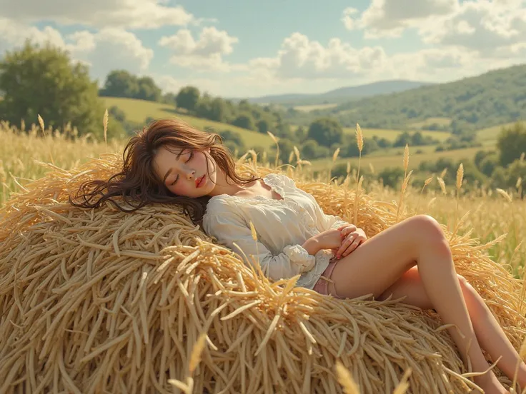 Brown-haired girl lies on a haystack.