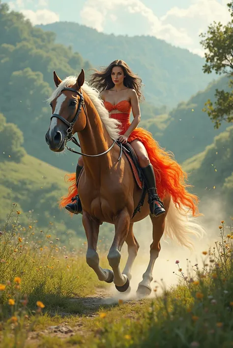 A big girl ride on horse , horse is running and she wear tight brazzer dress background green land trees morning fog