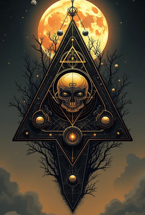 Black tattoo of the atom with planets the spiral of the golden number, The Deathly Hallows of Harry Potter, The Moon all in an a...