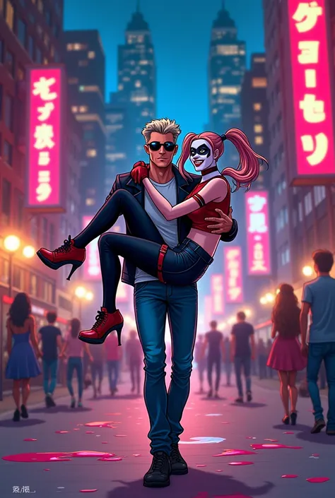 Cartoon of Dick Grayson in casual clothes and dark glasses carrying Harley Queen in a city at night