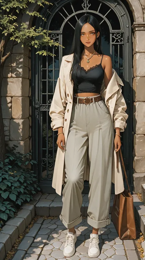 A tall, slender woman with naturally tanned skin and straight, waist-length black hair parted slightly to the right. She has a s...