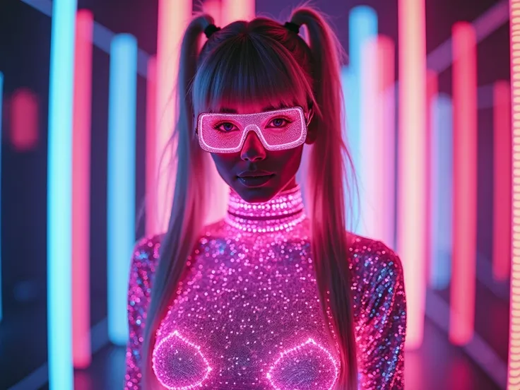 Indian woman wearing a bright pink neon holographic body on a laser light background, holographic cyberpunk costume, holographic...