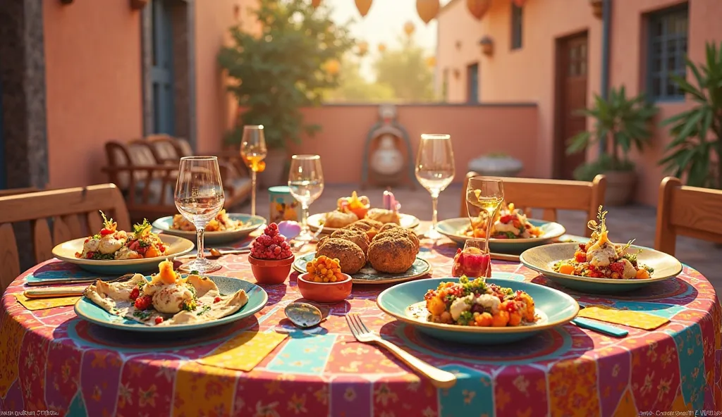 “Playful Middle Eastern meal setup for s with colorful plates, small portions of snacks, and fun shapes on a vibrant table”