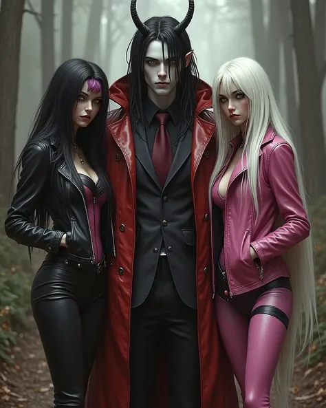 One young guy, white skinned man, with long black braided hair, in a black suit , black shirt, in a burgundy tie and a red leath...