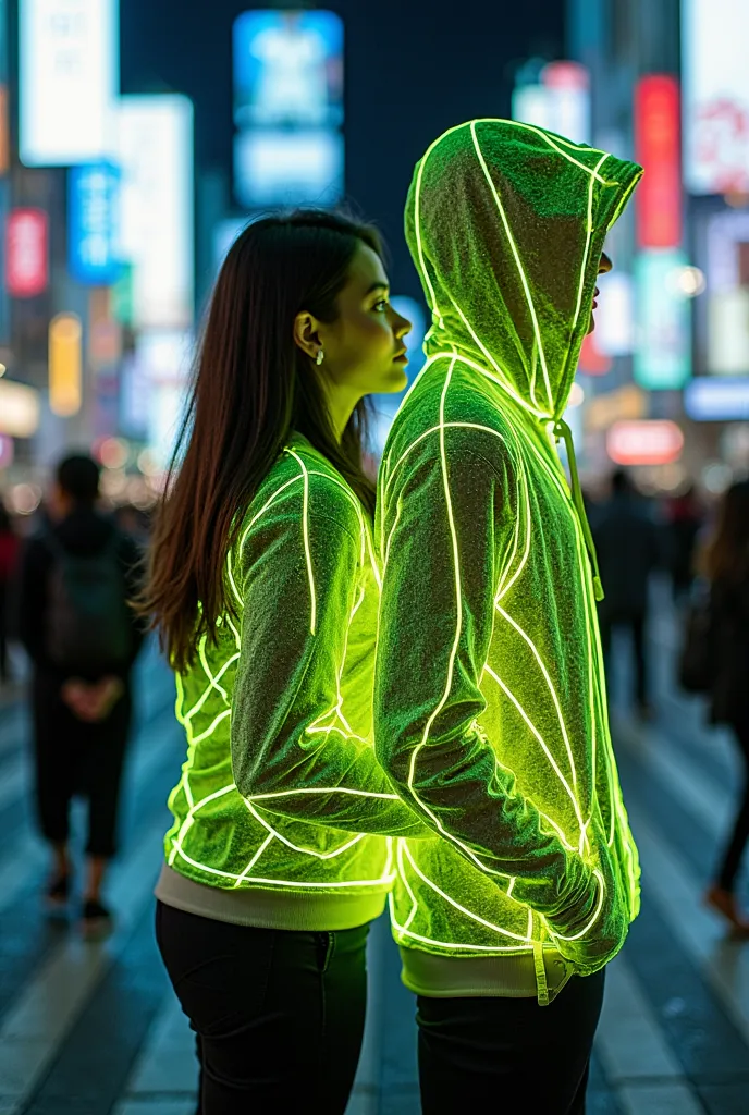 A futuristic street hoodie in the year 3025, made of adaptive holographic nano-fibers that shift patterns and textures on the fl...