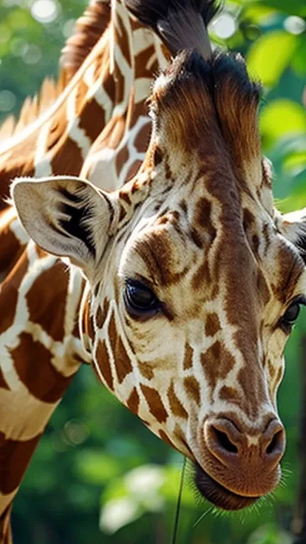 photorealistic close-up portrait of a giraffe's head and long neck。giraffe has typical spotted fur and oshikone(horn)I have、The*...