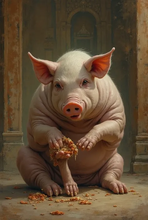 Pig eat his hand no blood in old palace build warm tone painting no blood eat own hand warm tone