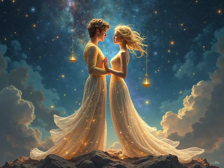 couple of lovers, The woman is the constellation Aries and the guy is the constellation Libra, they hold concurrent bells and a ...