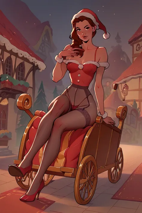 A large town Christmas party in the town square, a sexy female lingerie-clad Santa is enjoying the festivities and games, high h...