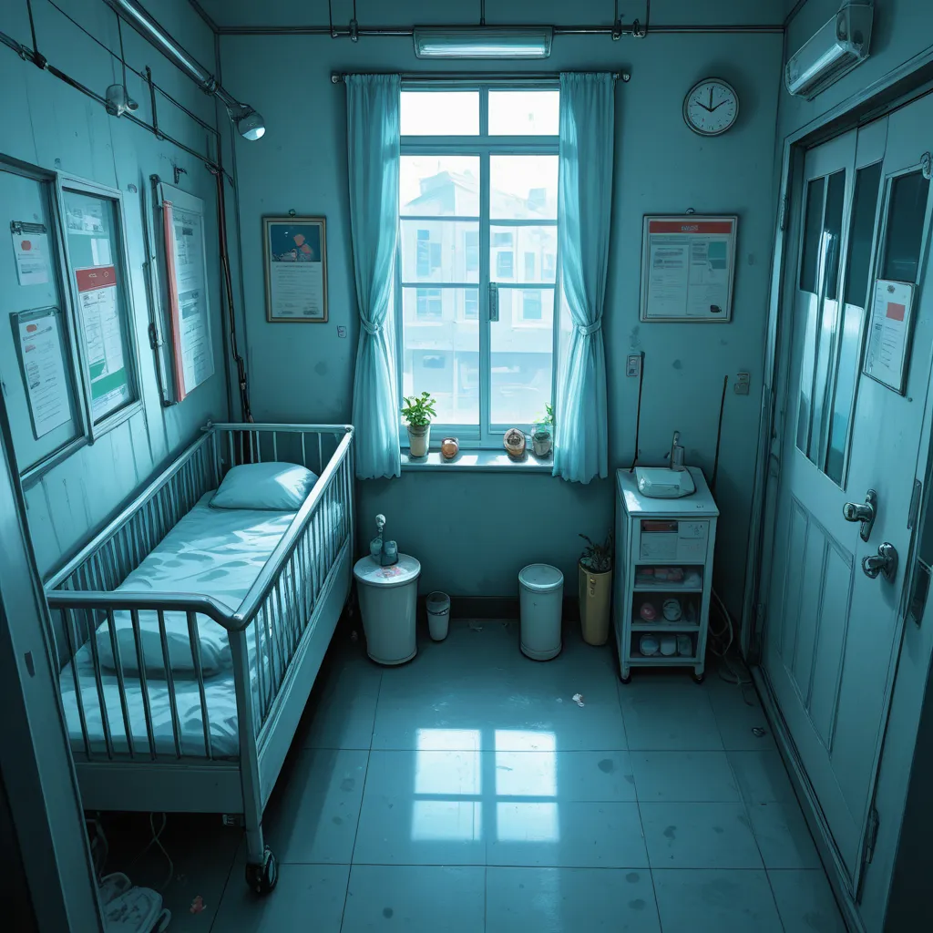 Door in the foreground next to a window in the hospital background 360 degrees