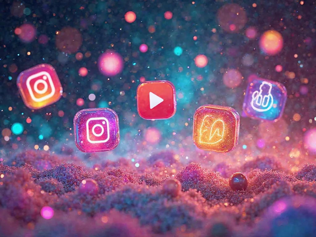 multicolored blots, rainbow and stars, social network icon in the background "Instagram", "Youtube", "TikTok", bright highlight...