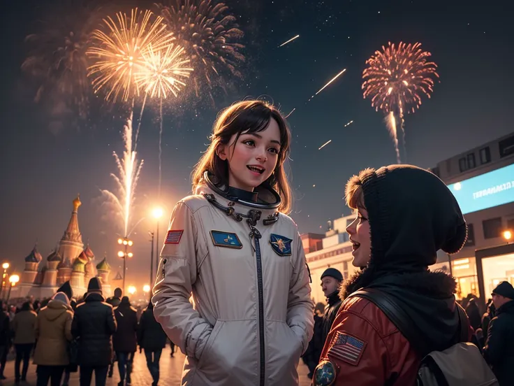 Red Square in Moscow, On the wall is a hologram of the first Soviet cosmonaut Yuri Gagarin, spaceships are flying in the sky, fi...