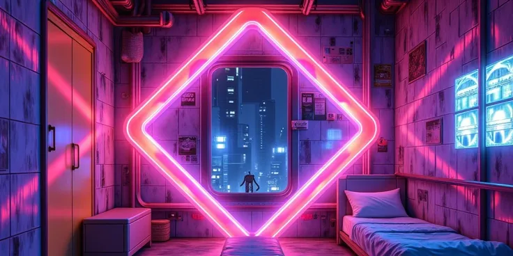 利用動畫電影的畫風呈現neon lights臥室,A Future-Free Space,A Dynamic Light,{x} Window,neon lights