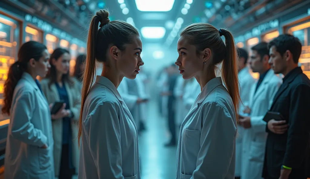 A dramatic, photorealistic scene featuring two groups of scientists facing off in a tense confrontation. Each group stands on op...