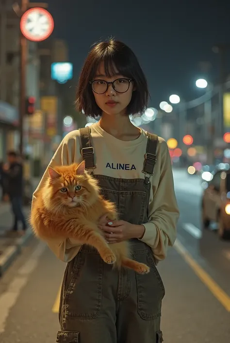 Korean women、、Shortcuts、Wearing dirty overalls with shirt label says ALINEA on her shirt、The eyes are bright、Intellectual、quiet、...