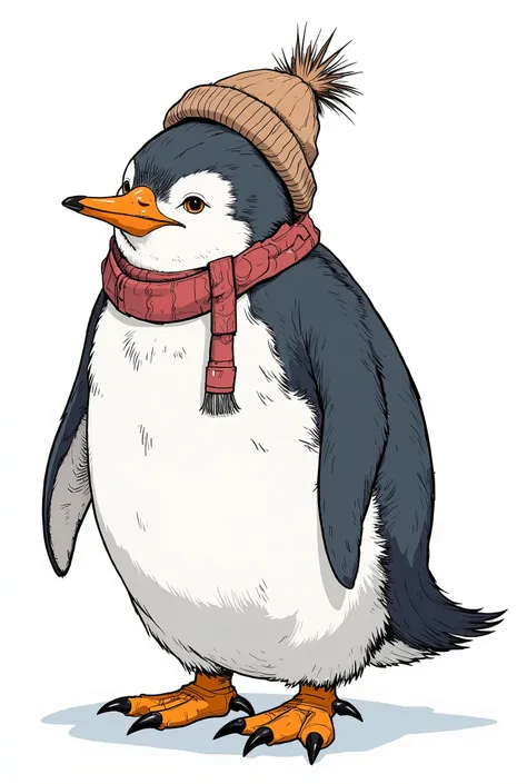 A whimsical illustration of a stylish anthropomorphic penguin in winter attire as interpreted in a whimsical and humorous way by...