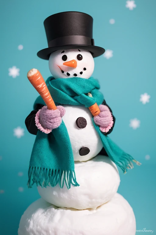 Cheerful Snowman Wearing Turquoise Scarf and Mittens、Smiling snowmen happily interact. The snowman has a blue-green hat, carrot ...