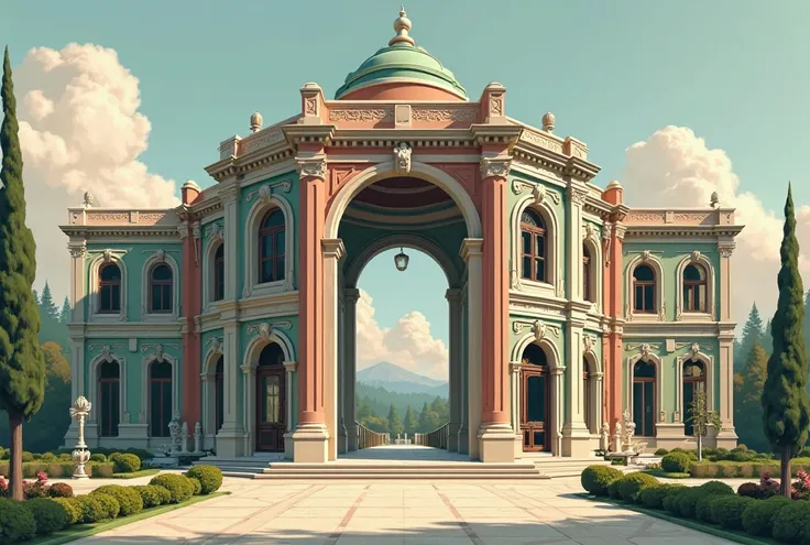 Creat a 2D vertical section double height rounded walls with a dome from the top using classic style and ment green , burgundy a...
