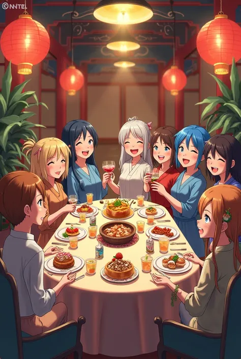 People at a celebration dinner. anime style. Happy faces
